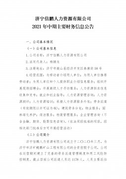 济宁信鹏人力资源有限公司2021年中期主要财务信息公告